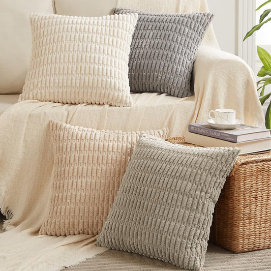 Set 4 Fete de Perna Elindor®, 45 × 45 cm, Model Decorativ cu Dungi, Catifea Reiata din Poliester Moale, Stil Boho, Rustic, Inchidere cu Fermoar Ascuns, Potrivite pentru Canapea, Fotoliu si Pat, Culori Neutre