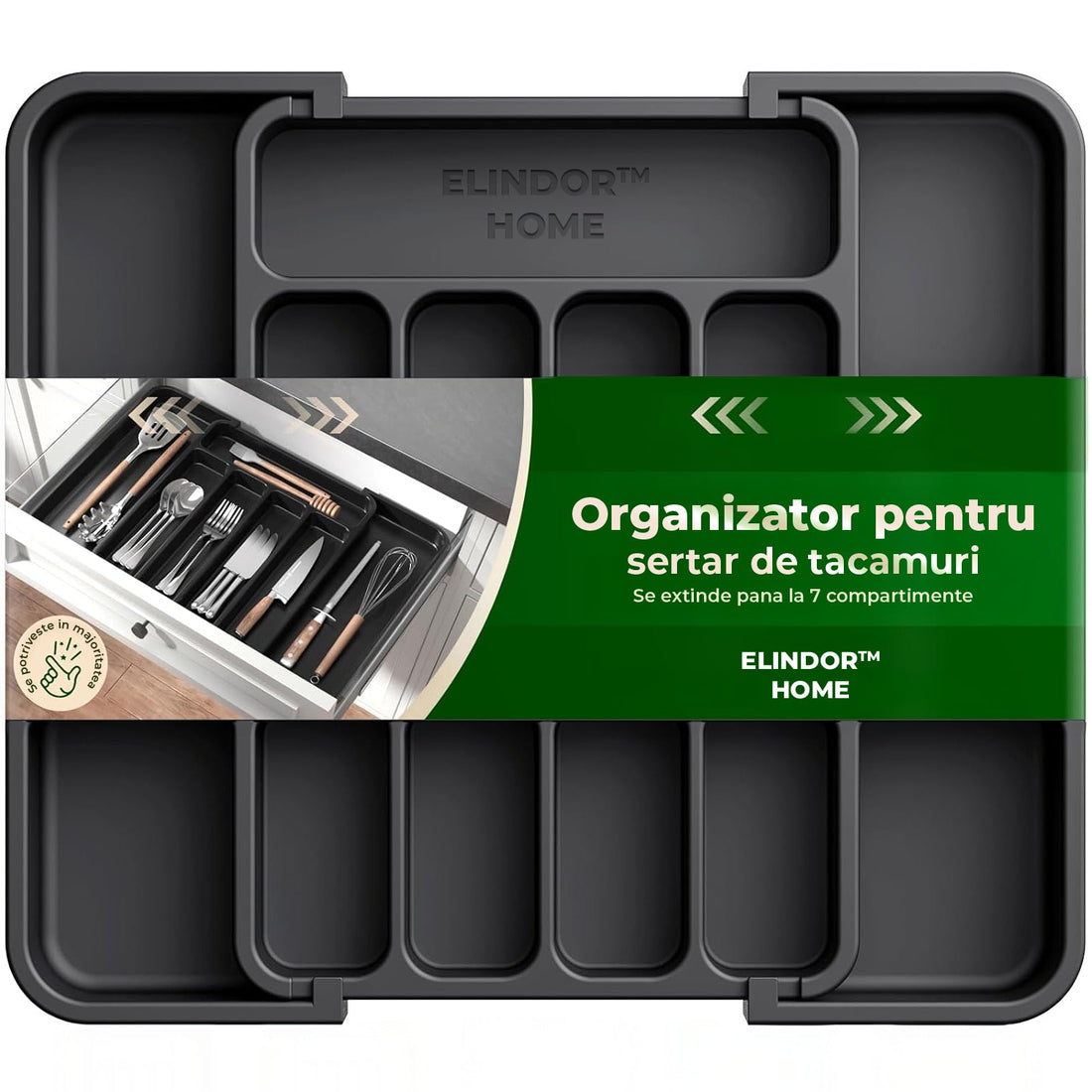 Organizator Negru Elindor® pentru Tacamuri si Ustensile de Bucatarie, 7 Compartimente, Sertar Extensibil 22-38 cm, Suport Ajustabil pentru Cutite, Linguri, Furculite, Accesorii Bucatarie, Separator Sertar, PP