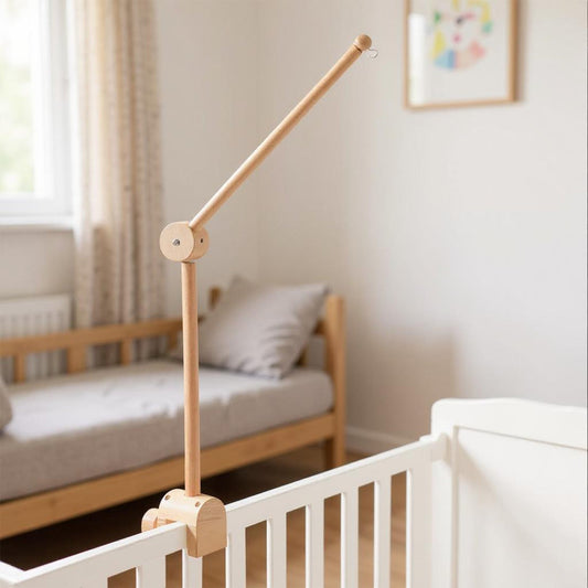 Suport Mobil Universal din Lemn pentru Carusel Elindor® pentru Patut, Montaj Fara Suruburi pe Pat, Tarc sau Masa de Infasat, Brat Rotativ 360°, Decor Camera Bebelusi, Maro Deschis