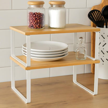 Set 2 Rafturi Elindor® din Bambus, Extensibil si Suprapus pentru Bucatarie, Organizator Metalic Reglabil, Ideal ca Etajera Depozitare in Camara sau Birou, Perfect pentru Condimente, Vesela, Farfurii, Stabil si Compact, Polita pentru Obiecte Diverse, Alb