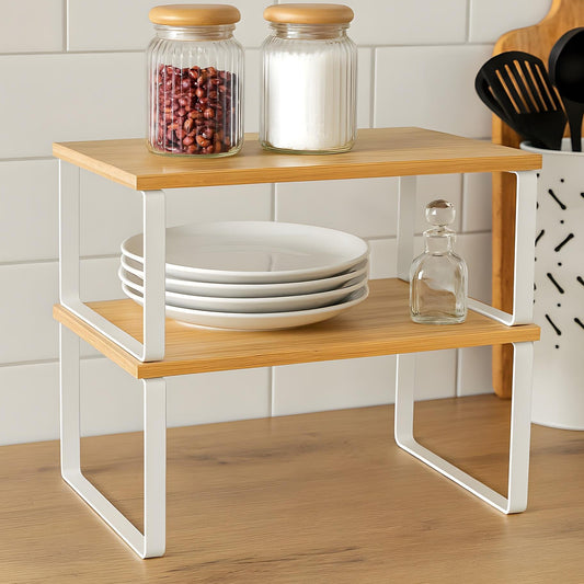 Set 2 Rafturi Elindor® din Bambus, Extensibil si Suprapus pentru Bucatarie, Organizator Metalic Reglabil, Ideal ca Etajera Depozitare in Camara sau Birou, Perfect pentru Condimente, Vesela, Farfurii, Stabil si Compact, Polita pentru Obiecte Diverse, Alb