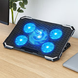 Cooler Laptop Gaming RGB Elindor® Suport cu Unghi Reglabil 6-12 cm, Dimensiuni Compatabile 12-17.3 Inch, 5 Ventilatoare Puternice si Silentioase 15dB cu Viteza Ajustabila, 2 Porturi USB, pentru Birou, Calatorii, 41,6 x 28,5 x 2,8 cm, Negru