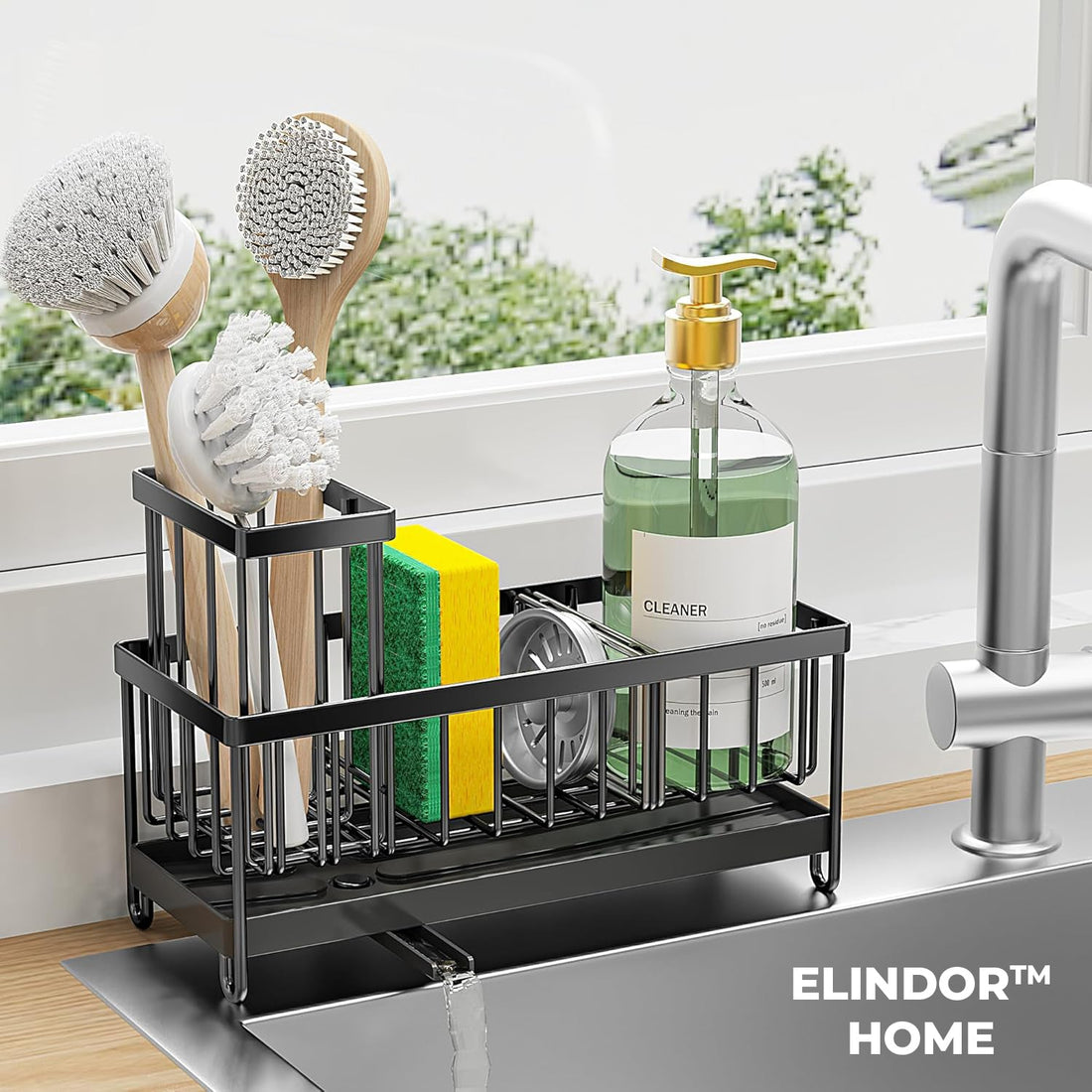 Suport Organizator Chiuveta Elindor® din Otel Carbon cu Tavita de Scurgere Rotativa 360 Grade, Compartimente Detasabile, Negru