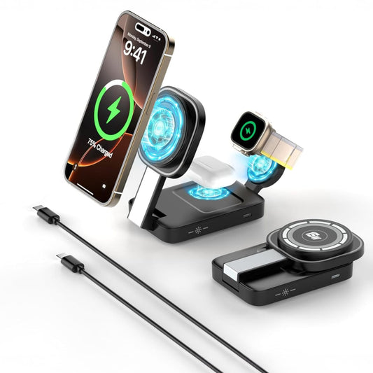 Încărcător Wireless 3in1 Elindor®, 15W, MagSafe, Pliabil, Negru