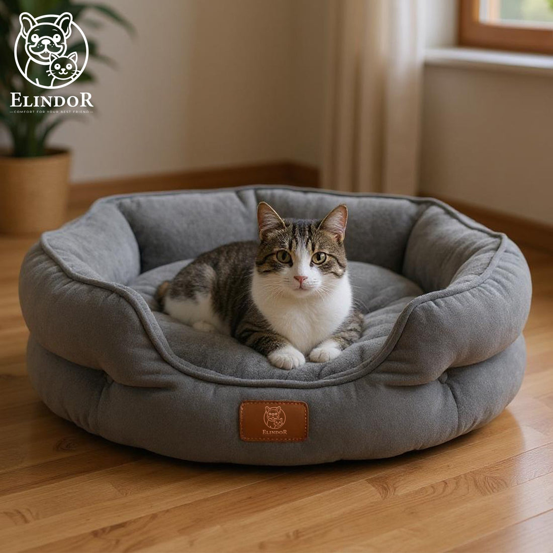 Pat Confortabil pentru Caini si Pisici Elindor®, Culcus Moale Antiderapant, cu Perna Detasabila din Microfibra Lavabila la Masina, Potrivit pentru Caine si Pisica de Talie Mica si Medie, Ideal in Orice Anotimp, in Casa, Marimea S, 51x48x15 cm, Gri
