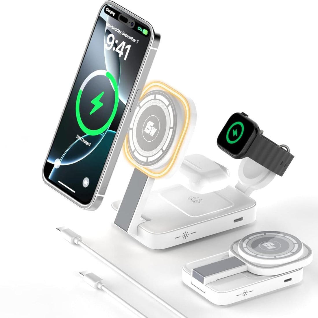 Încărcător Wireless 3in1 Elindor®, 15W, MagSafe, Pliabil, Alb