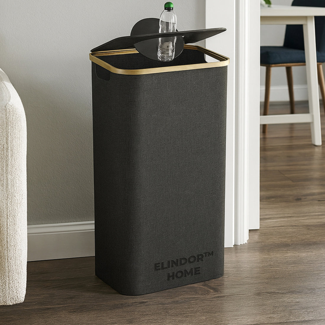 Cos pentru Reciclare Elindor® Capacitate 100L, din Material Textil si Bambus, pentru Multifunctional, pentru Bucatarie sau Camara, Cos Gunoi Potrivit pentru Colectare Selectiva a Sticlelor de Plastic, 41 x 33.5 x 70 cm, Negru