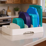 Organizator Capace Reglabil Elindor®, Suport Chiuveta, Uscator cu 5 Separatoare Ideal pentru Capace, Pahare, Tava Scurgere din Plastic, Organizator Bucatarie Multifunctional, Instalare Rapida, 33,5 × 26,4 × 8,4 cm, Plastic fara BPA, Alb