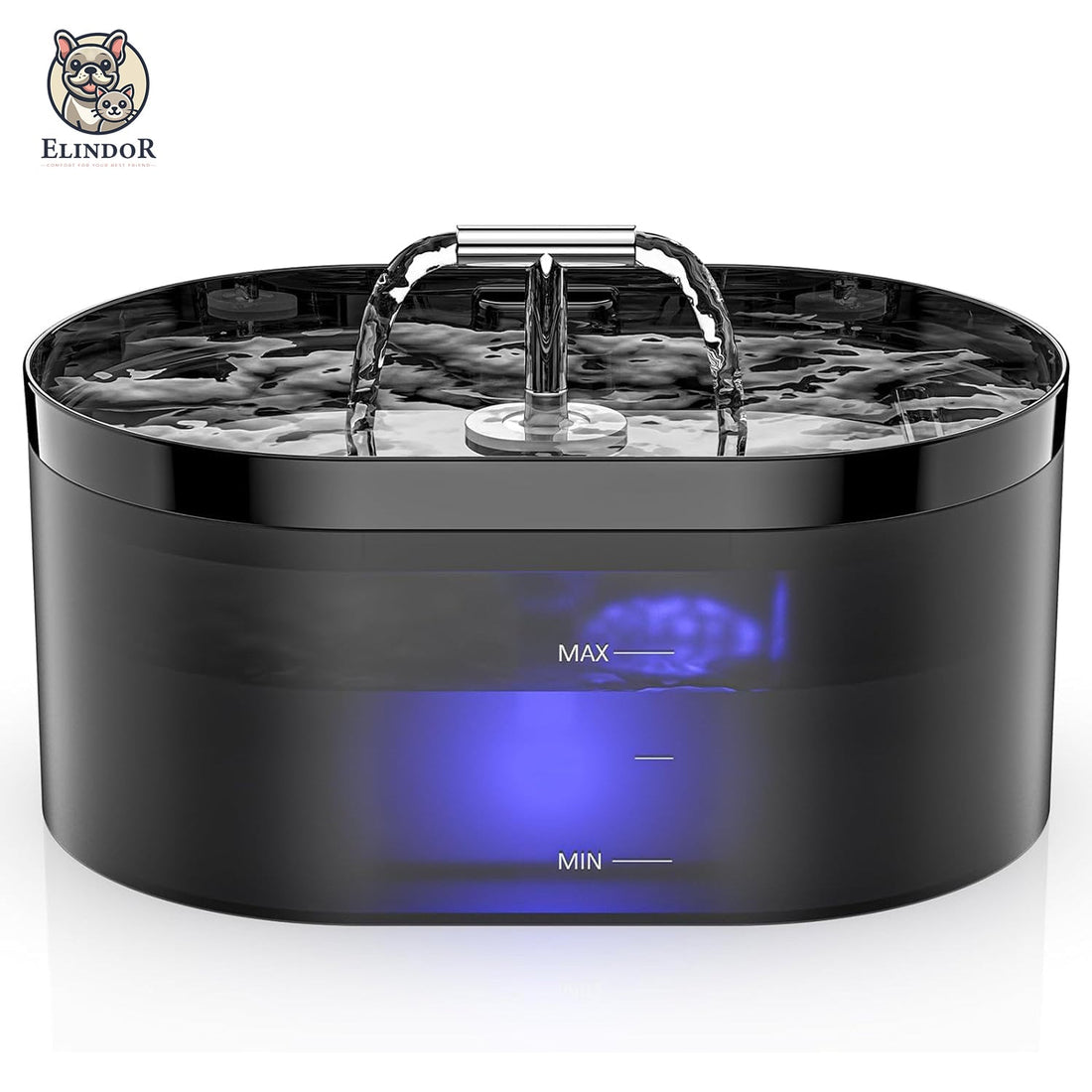 Fantana de Apa pentru Pisici Elindor® Cu Filtru Carbon Activ Si Pompa Silentioasa, Capacitate 2.2L, Design Modern cu Led, Usor De Curatat, Jet Reglabil, Negru