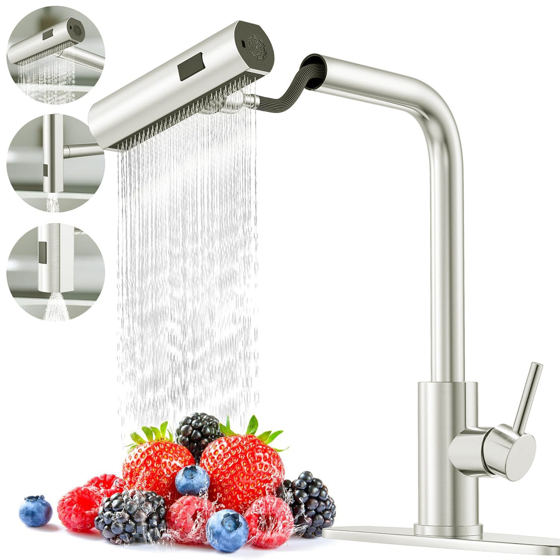 Baterie Bucatarie Elindor® Cu Dus Extractibil, Pipa Inalta, Finisaj Nichel Periat, Argintiu