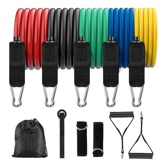 Benzi Elastice pentru Sport Elindor® cu 2 Manere si Ancora pentru Usa, Rezistenta Totala 68 kg, pentru Fitness, Workout, Yoga, Gimnastica de Recuperare, Exercitii Fizice, Aerobic, Pilates, TPE, 222 x 2 cm, Multicolor