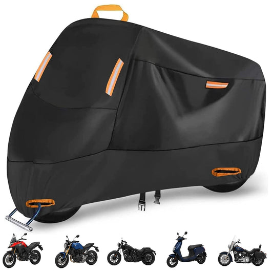 Husa Motocicleta Universala Elindor®, Protectie Impermeabila si Antivant, Orificii pentru Lacat, Benzi Reflectorizante, Ideala pentru Exterior, Calatorii sau Garaj, Negru