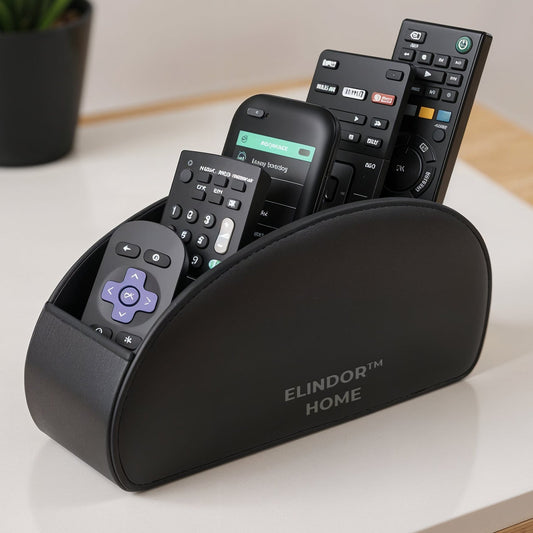 Suport Telecomenzi Elindor® cu 5 Compartimente din Piele Ecologica PU, Organizator Universal pentru Telecomenzi TV, Media Player, Ochelari, Pixuri sau Telefon, Design Elegant cu Textura Tesuta, Ideal pentru Birou sau Sufragerie, Negru