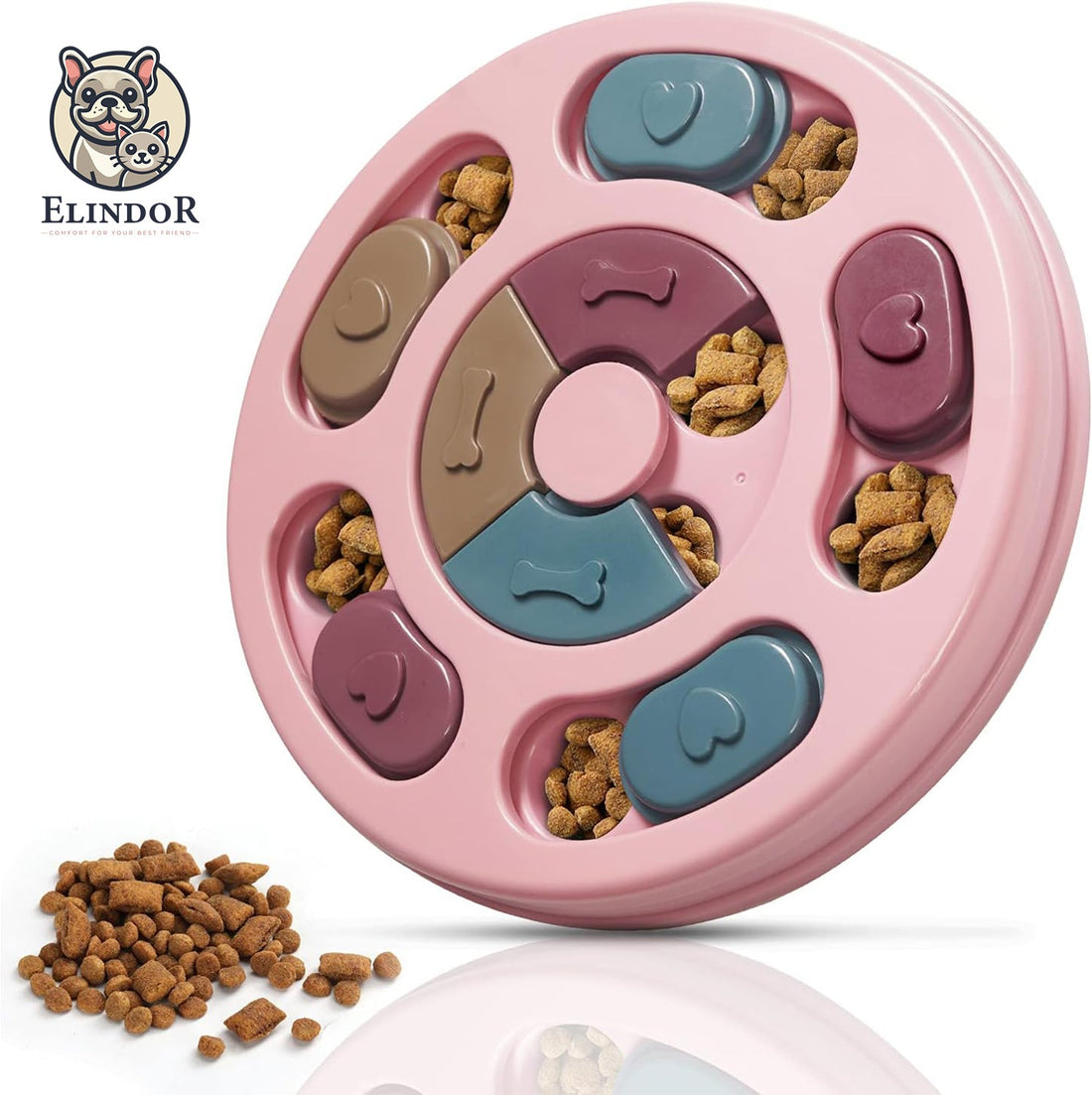 Jucarie Puzzle Elindor® Interactiva pentru Animale de Companie, Bol de Mancare, Compartimente Glisante, Roz