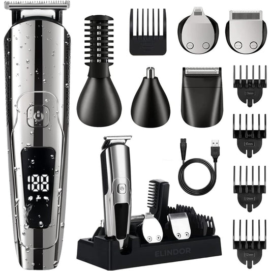 Aparat Tuns Reincarcabil Elindor® 6 in 1 cu Trimmer pentru Par, Barba, Corp si Nas, Accesorii Multiple, Afisaj Digital, Argintiu