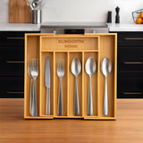 Organizator Extensibil Elindor® din Bambus, pentru Depozitare Tacamuri si Ustensile de Bucatarie, Furculite, Linguri, Cutite, 7 Compartimente, Sertar 25.5-39.4 cm, Suport Ajustabil, Separator Sertare Spatios, Accesorii Organizare