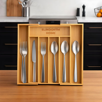 Organizator Extensibil Elindor® din Bambus, pentru Depozitare Tacamuri si Ustensile de Bucatarie, Furculite, Linguri, Cutite, 7 Compartimente, Sertar 25.5-39.4 cm, Suport Ajustabil, Separator Sertare Spatios, Accesorii Organizare