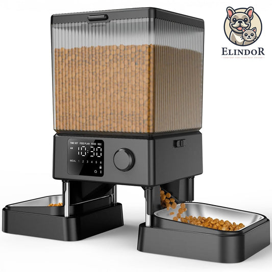 Dispenser Hranitor Automat Elindor® Dual, 5L, Boluri din Inox, Alimentare Dublă, Negru