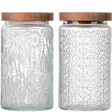 Set 2 Borcane din Sticla Elindor®  Capac Din Lemn, Design Vintage Sculptat, 1000ml, Recipiente Etanse pentru Depozitare, Transparent