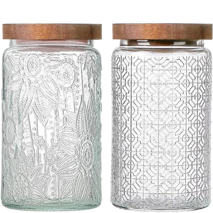 Set 2 Borcane din Sticla Elindor®  Capac Din Lemn, Design Vintage Sculptat, 1000ml, Recipiente Etanse pentru Depozitare, Transparent