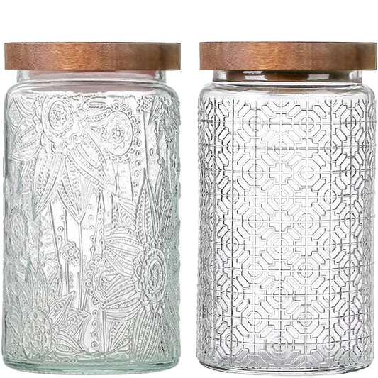 Set 2 Borcane din Sticla Elindor®  Capac Din Lemn, Design Vintage Sculptat, 1000ml, Recipiente Etanse pentru Depozitare, Transparent