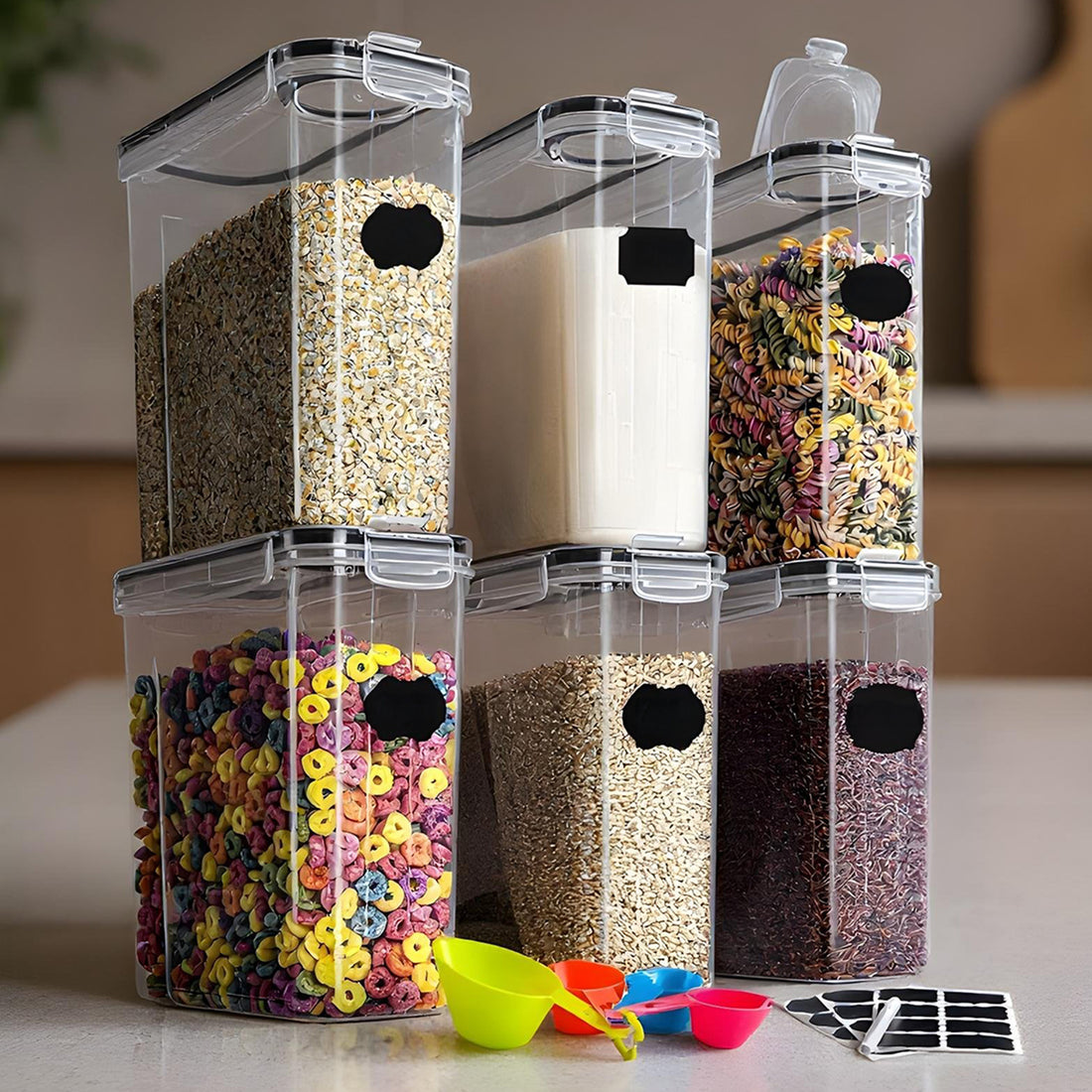 Set de 6 Recipiente Elindor® Mari, Caserole Ingrediente pentru Bucatarie, pentru Alimente Uscate, Recipient pentru Depozitare Cafea, Zahar, Paste, Cereale, Capac Etans, fara BPA, Etichete Reutilizabile, Marker, 4L, 9 × 10 × 15 cmTransparent