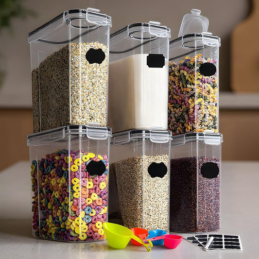 Set de 6 Recipiente Elindor® Mari, Caserole Ingrediente pentru Bucatarie, pentru Alimente Uscate, Recipient pentru Depozitare Cafea, Zahar, Paste, Cereale, Capac Etans, fara BPA, Etichete Reutilizabile, Marker, 4L, 9 × 10 × 15 cmTransparent