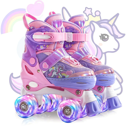 Role Reglabile Elindor® pentru Copii, Fete si Baieti, 4 Roti cu Lumini Quad, Ajutatoare, Rotile din Silicon, Rulmenti ABEC-7, Aluminiu / Poliuretan, Marimea M, 32-36, Model Unicorn, Mov