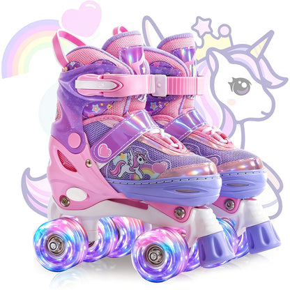 Role Reglabile Elindor® pentru Copii, Fete si Baieti, 4 Roti cu Lumini Quad, Ajutatoare, Rotile din Silicon, Rulmenti ABEC-7, Aluminiu / Poliuretan, Marimea S, 28-31, Model Unicorn, Mov