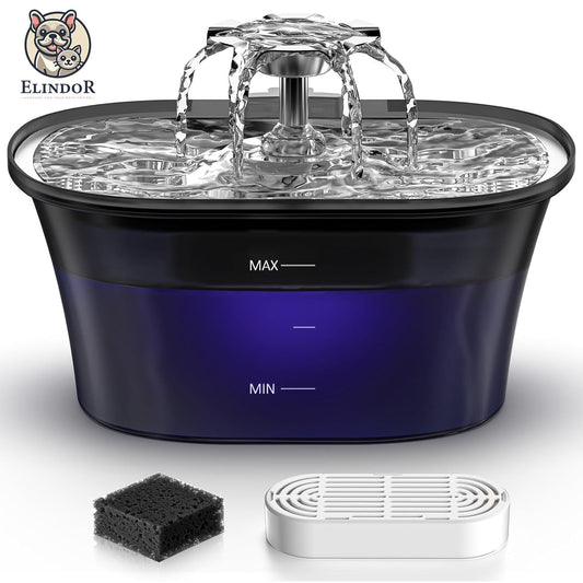Dispenser de Apa Elindor® pentru Animale de Companie, cu Filtrare in 5 Straturi si Jet de Apa, 2.5L, Lumina LED, Negru