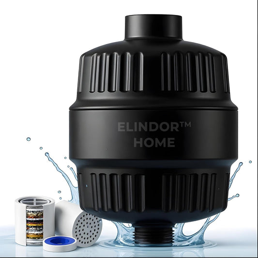 Filtru de Purificare Apa Negru Elindor® pentru Para de Dus Aparat de Filtrat cu 34 Stagii de Filtrare, 2 Cartuse Rezerva, Elimina Clorul, Metalele Grele, Impuritatile, Anticalcar, Purificator Apa de Baie, Accesorii Montare, Finisaj Mat