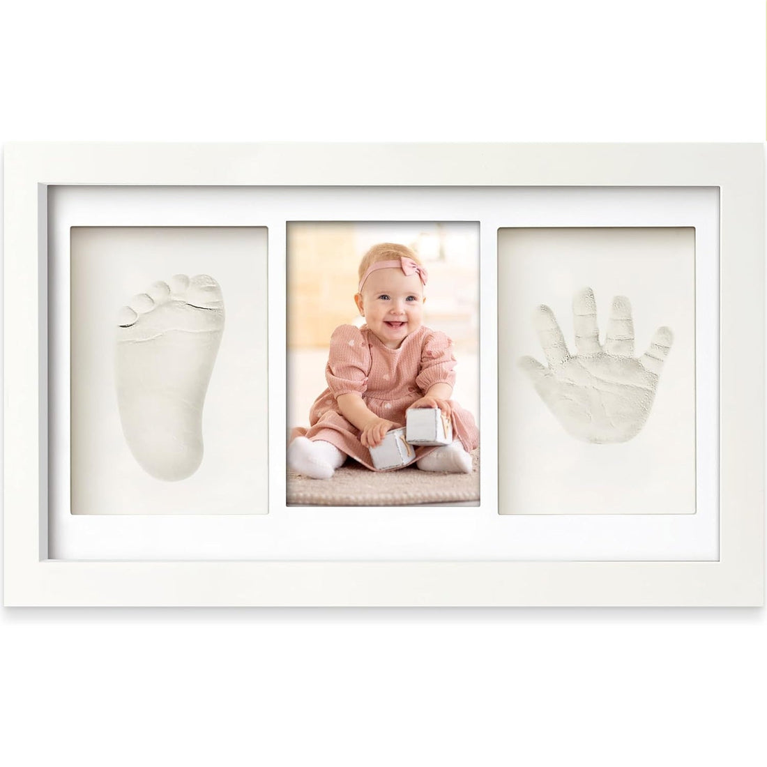 Kit Amprenta Bebe cu Lut Non-Toxic si Rama Foto Elindor® Personalizabil, pentru Maini si Picioare, Cadou Ideal pentru Botez, Zi de Nastere si Baby Shower, Set Complet cu Etichete, Pigment si Cutie de Cadou, Design Elegant, Alb