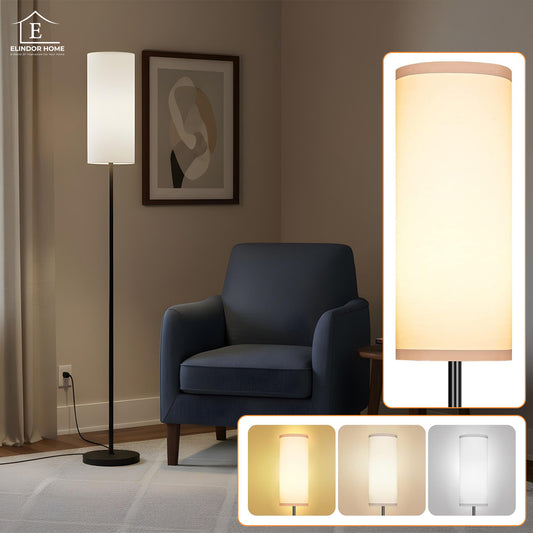 Lampa de Podea Elindor® Veioza cu Abajur Tesatura, Lumina Calda, Soclu Compatitbil E26, Structura Metalica, pentru Camera de Zi, Dormitor, Sufragerie, Birou, Hol, Picior 194 x Baza 22 cm, Alb