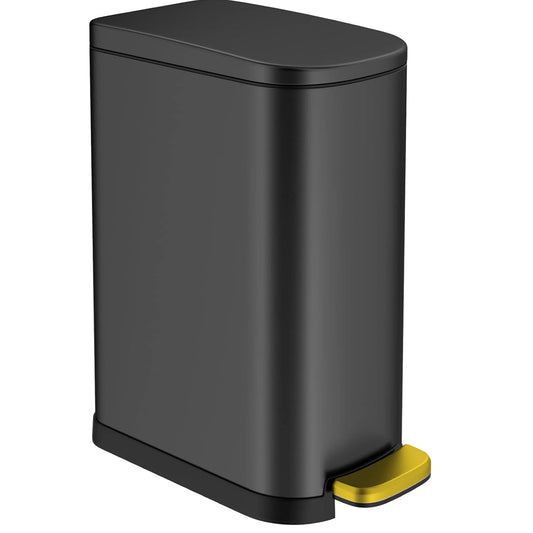 Cos de Gunoi Elindor® Otel Inoxidabil, 10L, Pedala Durabila Aurie, Capac cu Inchidere/Deschidere Silentioasa, Design Compact, Negru