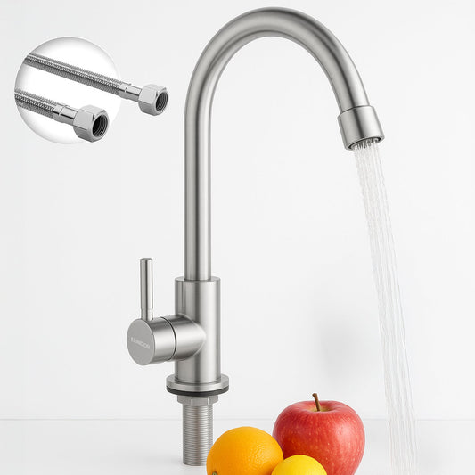 Baterie Chiuveta Argintie Elindor®, Robinet de Apa, Modern cu Pipa Inalta si Fixa, Jet Reglabil, Apa Rece, Monocomanda, Multifunctionala pentru Bucatarie de Vara, Garaj, Exterior, Otel Inoxidabil, Finisaj Periat