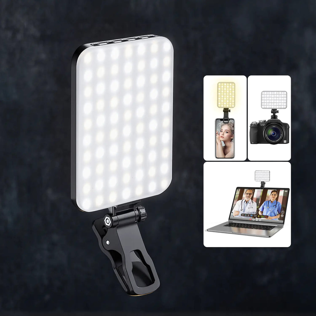 Lampa LED Portabila Elindor® Lumina Profesionala Compacta pentru Videoconferinte, Streaming, Selfie si Machiaj, cu Clip Reglabil si Suport Trepied, 3 Moduri Culoare Alb, Cald, Natural, 10 Trepte Intensitate, Baterie Reincarcabila 2200 mAh, Negru