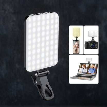 Lampa LED Portabila Elindor® Lumina Profesionala Compacta pentru Videoconferinte, Streaming, Selfie si Machiaj, cu Clip Reglabil si Suport Trepied, 3 Moduri Culoare Alb, Cald, Natural, 10 Trepte Intensitate, Baterie Reincarcabila 2200 mAh, Negru