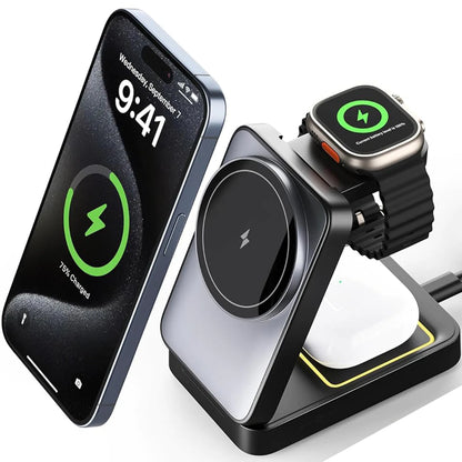 Incarcator Magnetic Elindor® Incarcare 3-in-1, MagSafe, 15W, Pliabil si Portabil, pentru iPhone, Apple Watch, AirPods, Gri