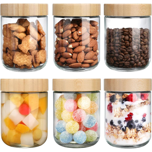 Set 6 Recipiente din Sticla Elindor®, Borcane cu Capac din Bambus pentru Zahar, Cafea, Condimente, Gustari, Nuci, Sare, Dulciuri, 470 ml, Dimensiuni  9.1x9.1x10.2cm, Transparent