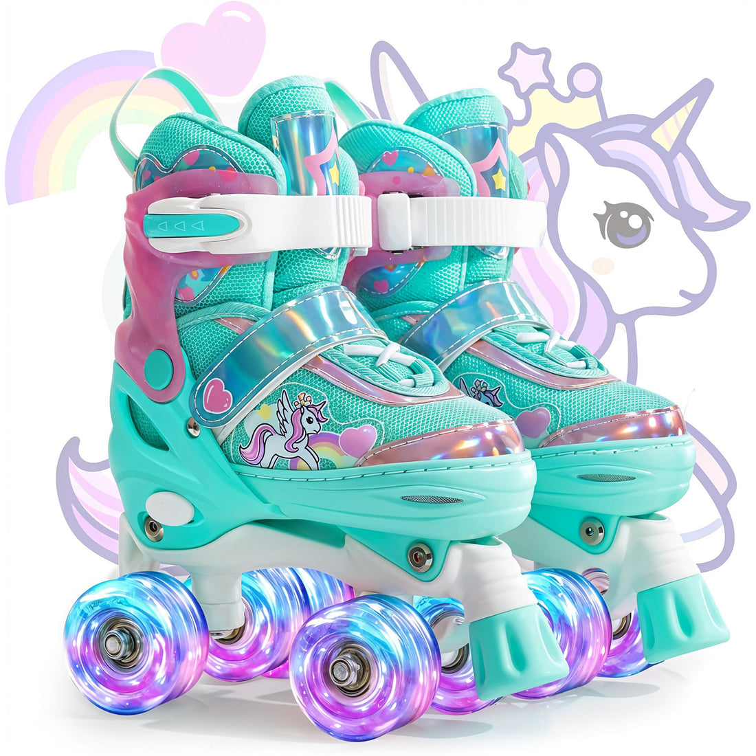 Role Reglabile Elindor® pentru Copii, Fete si Baieti, 4 Roti cu Lumini Quad, Ajutatoare, Rotile din Silicon, Rulmenti ABEC-7, Aluminiu / Poliuretan, Marimea S, 28-31, Model Unicorn, Verde