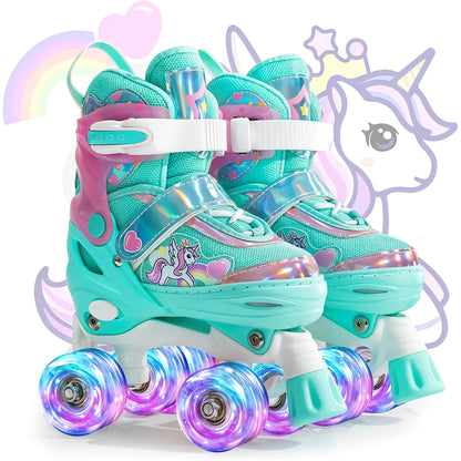 Role Reglabile Elindor® pentru Copii, Fete si Baieti, 4 Roti cu Lumini Quad, Ajutatoare, Rotile din Silicon, Rulmenti ABEC-7, Aluminiu / Poliuretan, Marimea L, 37-39, Model Unicorn, Verde