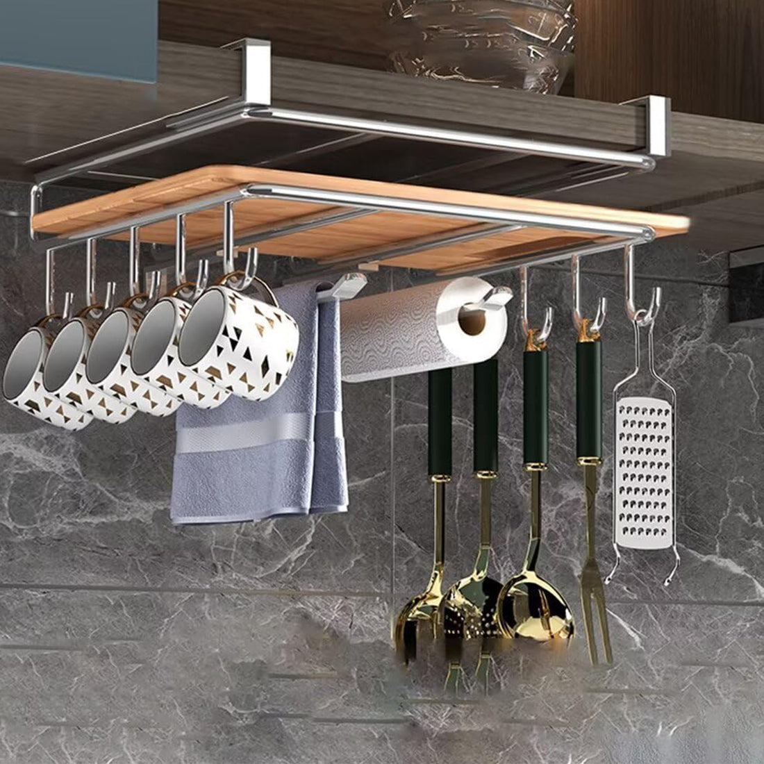 Suport de Perete Elindor® pentru Ustensile de Bucatarie, cu 10 Carlige, Sistem de Prindere prin Agatare, fara Gauri, Depozitare Diversa si Multipla, Suport Metalic, Accesorii Organizare, Economisire Spatiu, Organizator de 26 x 25  x 13 cm, Argintiu