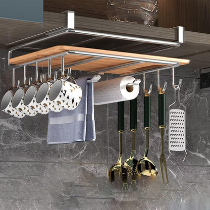 Suport de Perete Elindor® pentru Ustensile de Bucatarie, cu 10 Carlige, Sistem de Prindere prin Agatare, fara Gauri, Depozitare Diversa si Multipla, Suport Metalic, Accesorii Organizare, Economisire Spatiu, Organizator de 26 x 25  x 13 cm, Argintiu