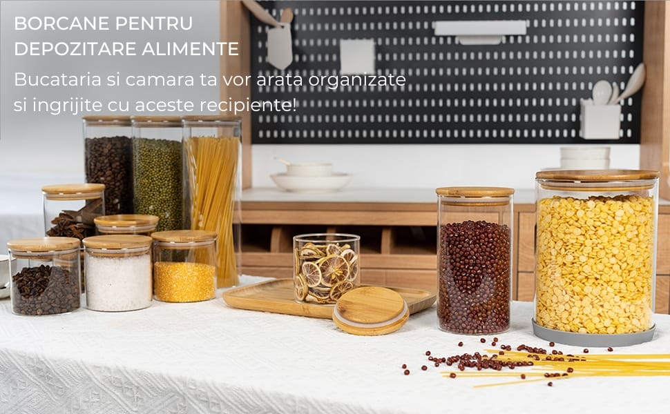 Set 3 Borcane Sticlă Elindor®, 2L, Capace Bambus și Etichete Negre