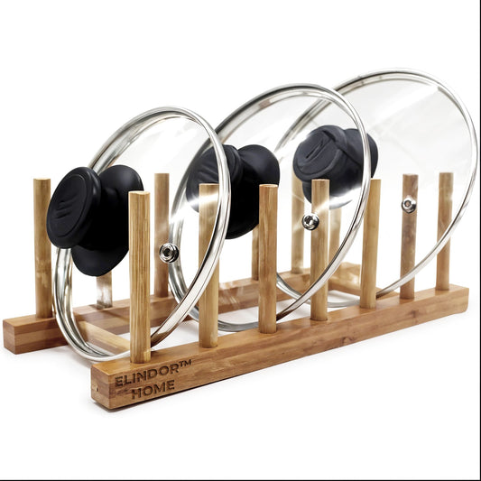 Suport si Scurgator de Vase Elindor® din Bambus pentru Dulap sau Blat, Uscator de Farfurii si Capace, Organizator Vertical pentru Farfurii, Tavi si Oale, Suport de Vase Compact pentru Bucatarie, 30x12x10 cm, Lemn Natural
