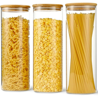 Set 3 Borcane Sticlă Elindor®, 2L, Capace Bambus și Etichete Negre