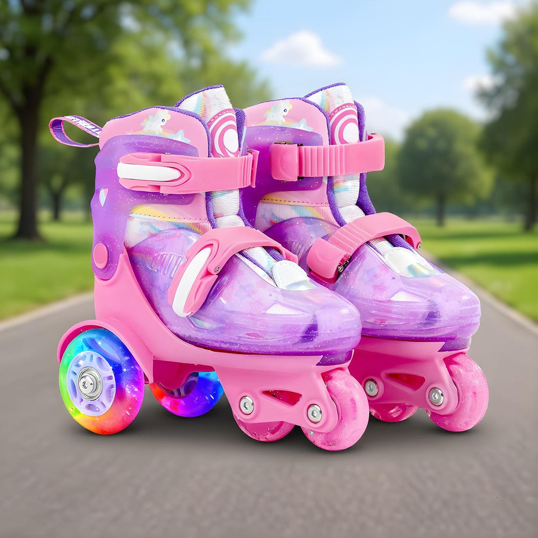 Role Reglabile Elindor® pentru Copii, Fete si Baieti, 4 Roti cu Lumini, Platforma in Triunghi, Ajutatoare pentru Incepatori, Rotile din Silicon, Rulmenti Aluminiu / Poliuretan, Marimea S, 28-32, Roz