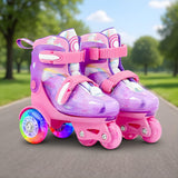 Role Reglabile Elindor® pentru Copii, Fete si Baieti, 4 Roti cu Lumini, Platforma in Triunghi, Ajutatoare pentru Incepatori, Rotile din Silicon, Rulmenti Aluminiu / Poliuretan, Marimea XS, 25-27.5, Roz