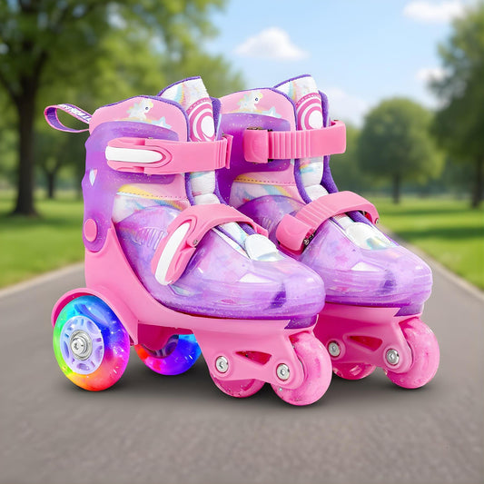 Role Reglabile Elindor® pentru Copii, Fete si Baieti, 4 Roti cu Lumini, Platforma in Triunghi, Ajutatoare pentru Incepatori, Rotile din Silicon, Rulmenti Aluminiu / Poliuretan, Marimea XS, 25-27.5, Roz
