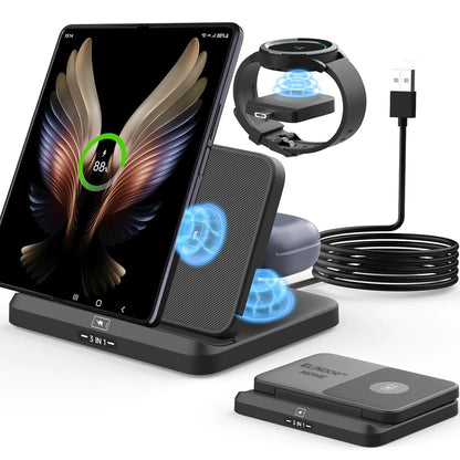 Incarcator Wireless 3-in-1 Elindor® pentru Samsung, Telefon, Ceas si Casti, Tehnologie Fast Charge, Negru